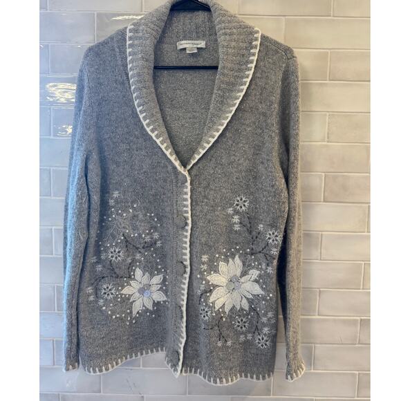 Christopher & Banks XL Gray Floral Cardigan Silk Rabbit Hair Blend - Picture 2 of 7